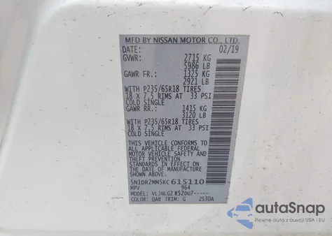 2019 Nissan Pathfinder Sl z USA, uszkodzony, nr VIN 5N1DR2MM5KC615110